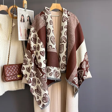 Sciarpa Alla Moda Con Motivo A Cuore Da Donna Imitazione Cashmere Scialle Caldo Con Nappine Per Inverno Autunno Elegante