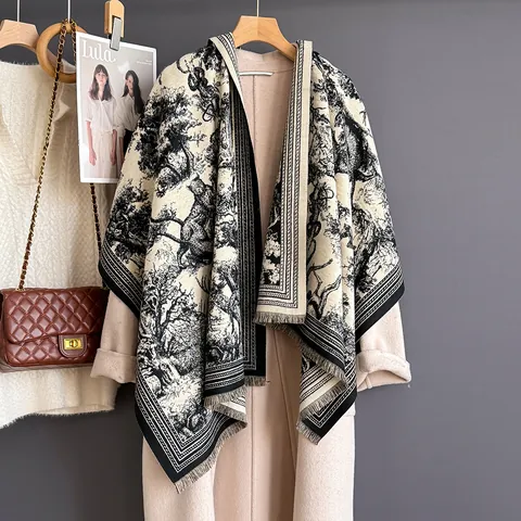 Sciarpa Donna Vintage Con Stampa Animali Foresta Toile De Jouy Scialle in Viskosa Effetto Cashmere Con Nappine Scaldacollo Moda