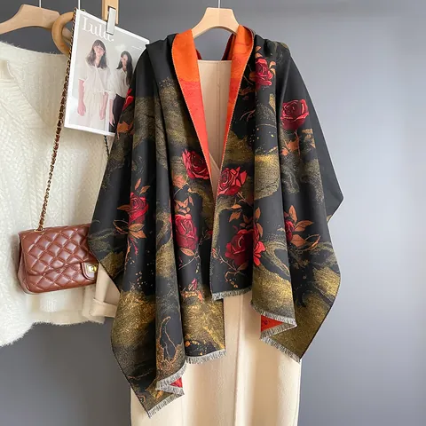 Mujer Bufanda Chal con Capucha Invierno Cálido Estilo Cachemira Viscosa Poliéster Doble Cara Elegante Estampado Rosa Borla Chal Manta