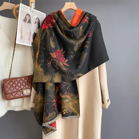 Mujer Bufanda Chal con Capucha Invierno Cálido Estilo Cachemira Viscosa Poliéster Doble Cara Elegante Estampado Rosa Borla Chal Manta
