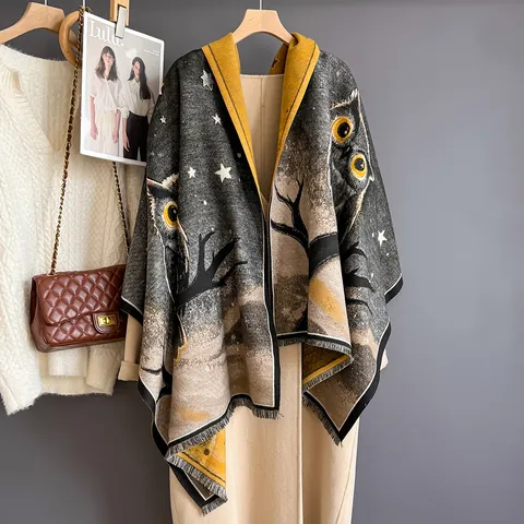Artistic Owl Starry Sky Print Scarf Women Winter Warm Viscose Blend Faux Cashmere Shawl Double Sided Thick Tassel Scarf Wrap