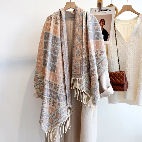 Women Retro Geometric Plaid Tassel Scarf Thickened Warm Viscose Fiber Shawl Winter Jacquard Wrap Elegant Fashion Neck Warmer