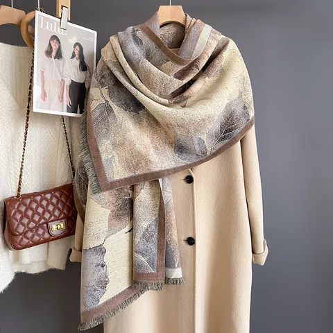 Women's Oil Painting Autumn Leaf Scarf Shawl With Tassels Soft Warm Viscose Polyester Blend Fall Winter Wrap Mothers Gift