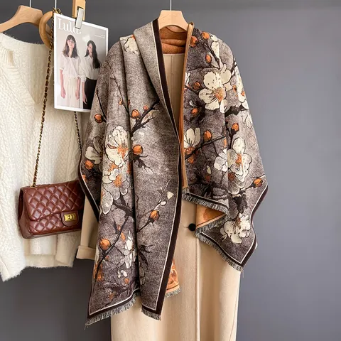 Bufanda Vintage para Mujer Efecto Cachemira Estampado Artístico de Flor de Ciruelo Chal Cálido y Grueso Con Borlas para Invierno