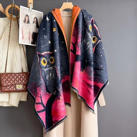 Artistic Owl Starry Sky Print Scarf Women Winter Warm Viscose Blend Faux Cashmere Shawl Double Sided Thick Tassel Scarf Wrap