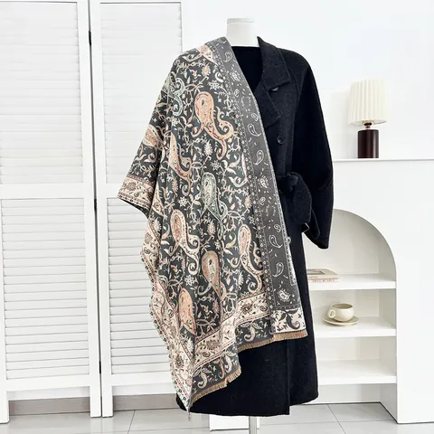 Boheemse Paisley Sjaal Voor Dames Vintage Viscosevezel Dikke Dubbelzijdige Omslagdoek Met Franjes Warme Wintersjaal