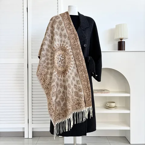 Damen Ethno-Stil Warmer Schal Winter Dick Kaschmir-ähnlich Schultertuch Mit Quasten Mandala Paisley Muster Retro Übergroße Pashmina