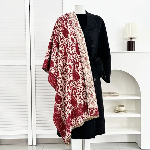 Boheemse Paisley Sjaal Voor Dames Vintage Viscosevezel Dikke Dubbelzijdige Omslagdoek Met Franjes Warme Wintersjaal