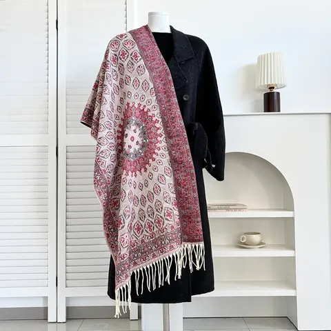 Damen Ethno-Stil Warmer Schal Winter Dick Kaschmir-ähnlich Schultertuch Mit Quasten Mandala Paisley Muster Retro Übergroße Pashmina