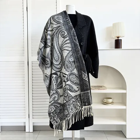 Bufanda Chal Para Mujer Estilo Étnico Paisley Imitación Cachemira Gruesa Cálida Invierno Con Borlas Manta Grande Pashmina