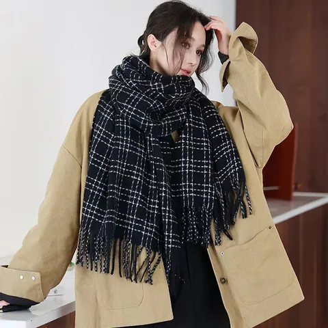 Classic Plaid Tassel Scarf Imitation Cashmere Thick Warm Winter Pashmina Shawl Wrap For Women Men Fashion Neck Warmer