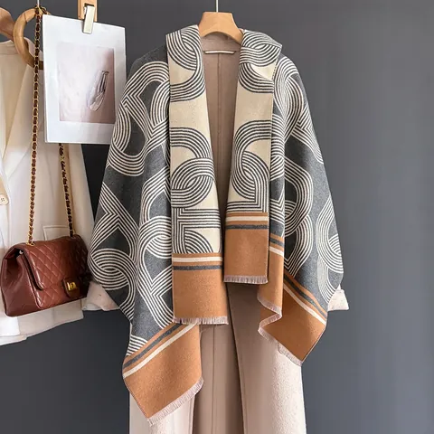 Sciarpa Vintage in Viscosa da Donna Invernale Calda Scialle Jacquard Doppia Faccia Motivo Geometrico Catena Cavallo Nappine