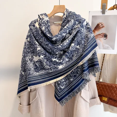 Vintage French Toile De Jouy Print Scarf For Women Soft Viscose Shawl Wrap With Tassels Winter Warm Jacquard Scarf