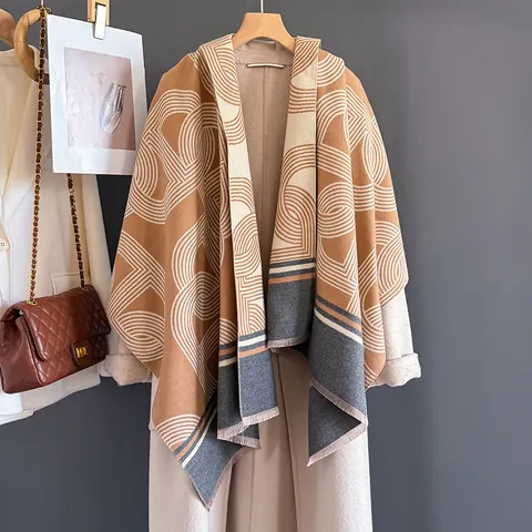 Sciarpa Vintage in Viscosa da Donna Invernale Calda Scialle Jacquard Doppia Faccia Motivo Geometrico Catena Cavallo Nappine