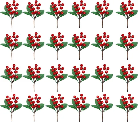 Pique de Baies Rouges et Pin Artificiel pour Décoration de Noël Bois Plastique DIY Accessoire de Boîte Cadeau Table Décoration de Maison Fête