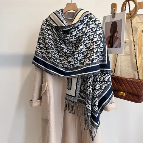Women Thick Warm Scarf Shawl With Fringe Letter Pattern Double Sided Pashmina Style Wrap For Winter Fall Fashion Accessories
