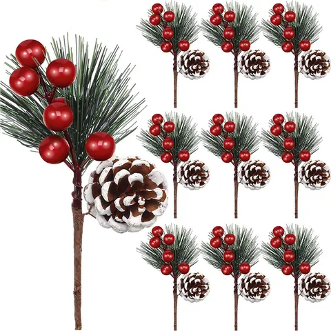 Rami di Pino Natalizi Artificiali Con Bacche Rosse E Pigne Innevate Aghi di Pino Verdi Per Decorazioni Fai da Te Natale