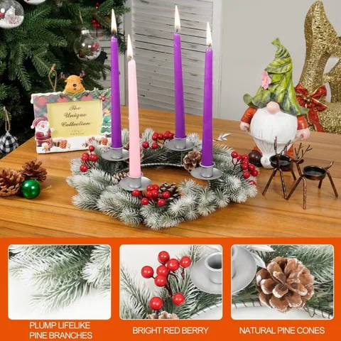 Christmas Wreath Candlestick Holder With Artificial Pine Needles Red Berries Pine Cones Faux Snow Spray For Holiday Party Dining Table Centerpiece Decoration