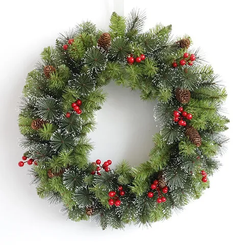 Christmas Wreath Pine Needle Red Berry Pine Cone Snow Frosted Door Wall Hanging Festival Ornament Home Decoration