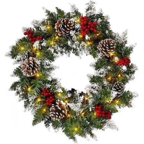 Pre-Lit Christmas Wreath Flocked Pine Cones Red Berries Battery Operated Warm LED Lights Front Door Holiday Decoration