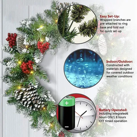 Pre-Lit Christmas Wreath Flocked Pine Cones Red Berries Battery Operated Warm LED Lights Front Door Holiday Decoration