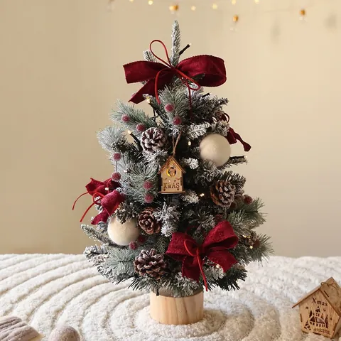 Albero di Natale da Tavolo Innevato Con Luci LED Base in Legno Pigne Bacche Fiocco Ornamento Decorazione da Scrivania