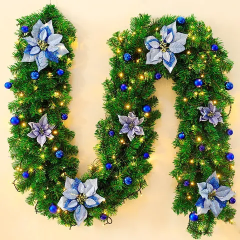 Guirnalda de Navidad Artificial Con Luces LED Flores de Pescua de Seda Adornos Para Decoración de Pared y Puerta de Hogar y Hotel