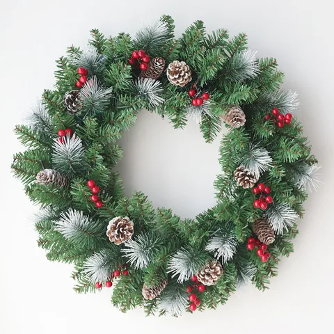 Artificial Christmas Wreath With LED Lights Pinecones Red Berries Snow Effect PVC PE Garland For Front Door Home Wall Hanging Decoration