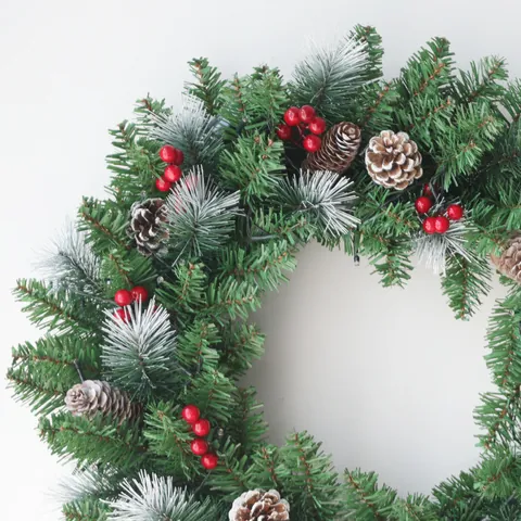 Artificial Christmas Wreath With LED Lights Pinecones Red Berries Snow Effect PVC PE Garland For Front Door Home Wall Hanging Decoration