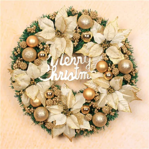 Couronne de Noël Artificielle Aiguilles de Pin Avec Fleurs Boules Signe Merry Christmas Décoration Suspendue Porte Murale Maison Fête