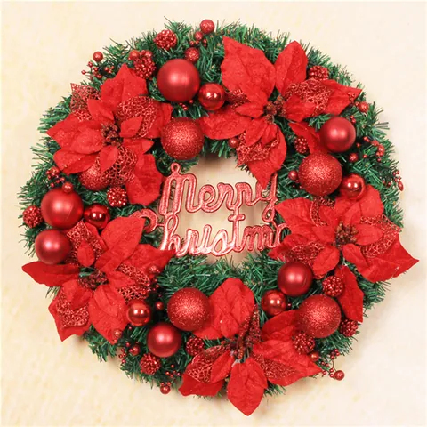 Couronne de Noël Artificielle Aiguilles de Pin Avec Fleurs Boules Signe Merry Christmas Décoration Suspendue Porte Murale Maison Fête