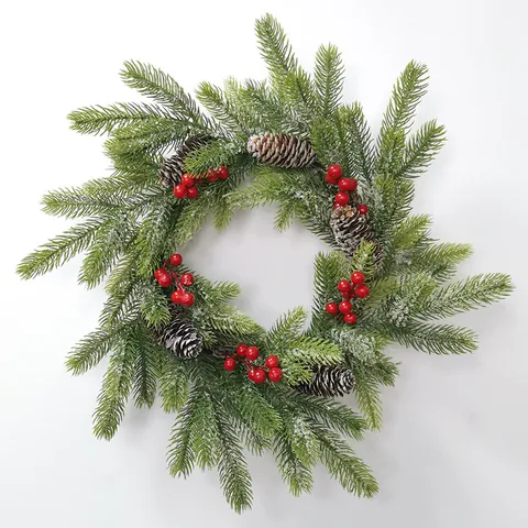 Ghirlanda di Natale in Aghi di Pino PE Fioccata di Neve Con Pigne Bacche Rosse Per Porta Parete Decorazione Domestica Ghirlanda Artificiale