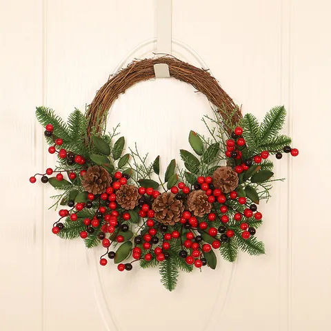 Ghirlanda Natalizia Artificiale Pigne Bacche Rosse Aghi Verdi Base in Rattan Decorazione da Parete per Porta di Casa