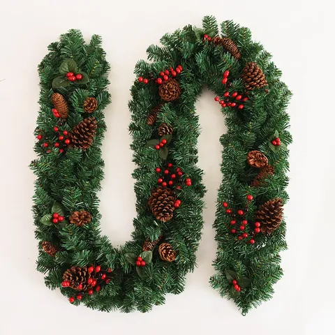 Artificial Christmas Garland PVC Pine Cones Red Berries Thick Rattan For Staircase Railing Fireplace Holiday Home Decor