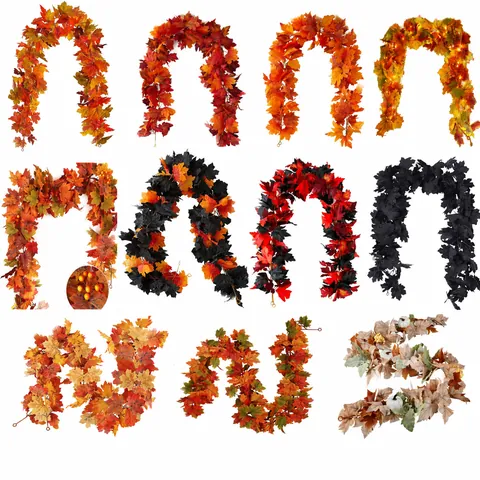 Guirlande de Liane de Feuilles d'Érable Artificielles 1,7m Décoration d'Automne Action de Grâce Halloween Noël Pour Maison Fête Cheminée Avec Baies LED