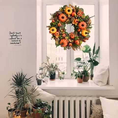 Autumn Harvest Pumpkin Wreath Artificial Maple Leaf Berry Pine Cone Garland For Front Door Wall Halloween Thanksgiving Decor