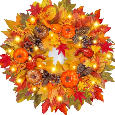 Guirnalda de Hojas de Arce de Otoño Con Luces LED Cálidas Simulación Calabaza Piñas Bayas Puerta Principal Decoración Acción Gracias