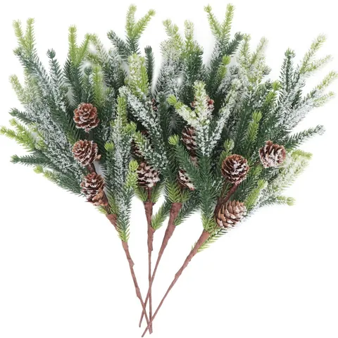 Artificial Christmas Pine Branches With Snow Flocked Pine Cones For DIY Wreath Garland Tree Decoration Winter Holiday Home Decor