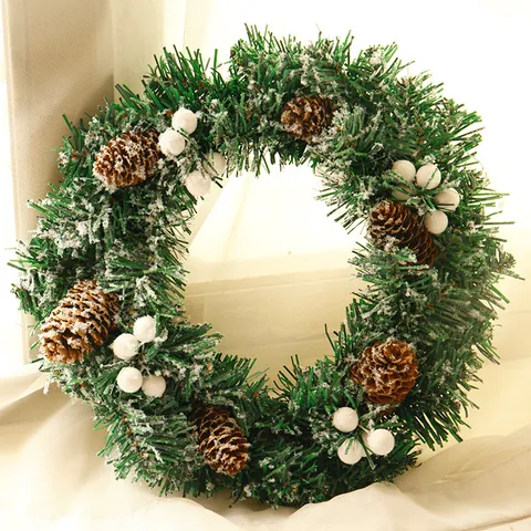 Artificial Christmas Wreath With Natural Pinecones And White Berries Snow Flocked Pine Needle For Front Door Wall Hanging Decor