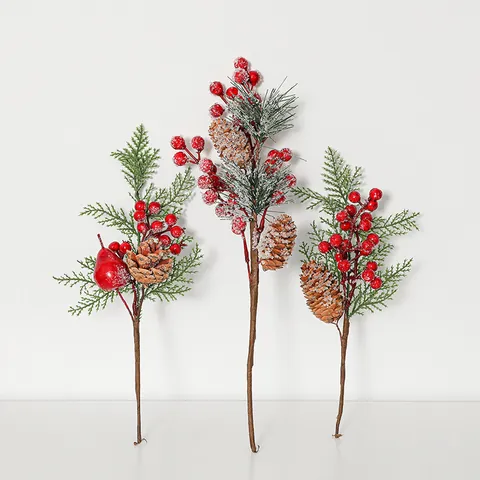 Artificial Christmas Berry Branches Frosted Pine Cones Picks For Tree Wreath DIY Festive Home Decor Ornaments