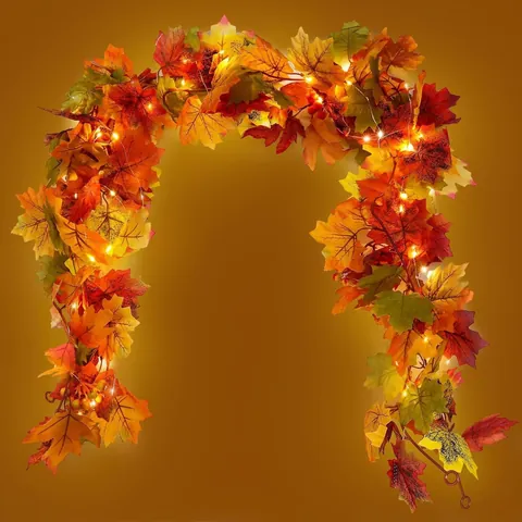 Ghirlanda Di Foglie Di Acero Artificiali Raso Vite Autunno Luce Led Calda Bacche Halloween Ringraziamento Arredamento Casa
