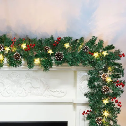Artificial Christmas Garland With Pine Cones Red Berries Star LED Lights Flame Retardant Greenery Garland For Mantel Decor