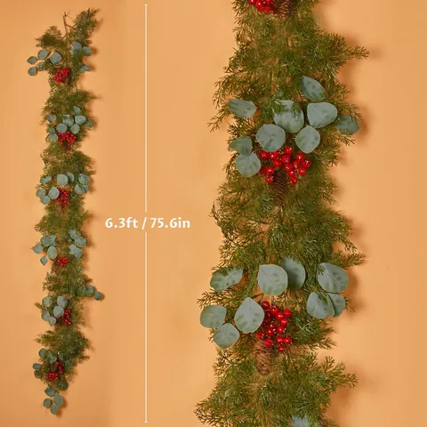 Künstliche Weihnachts Girlande Aus PE Realistische Kiefernnadel Rattan Mit Roten Beeren Eukalyptus Blättern Zapfen Für Kamin Deko