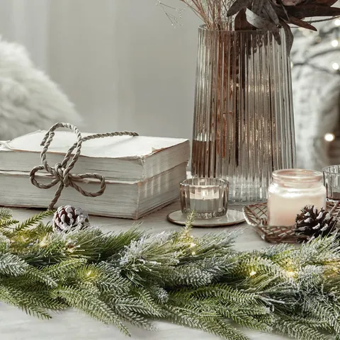 Kunstmatige Kerst Dennennaald Slinger Met Warm Witte Led Verlichting Sneeuwvlokken Slinger Voor Open Haard Deur Kerst Decoratie