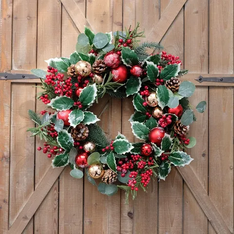 Artificial Christmas Wreath With Red Berries Natural Pine Cones And Balls For Front Door Wall Decoration Festive Handmade Garland