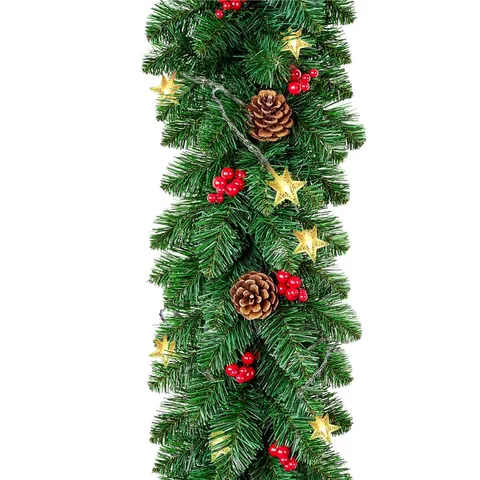 Artificial Christmas Garland With Pine Cones Red Berries Star LED Lights Flame Retardant Greenery Garland For Mantel Decor