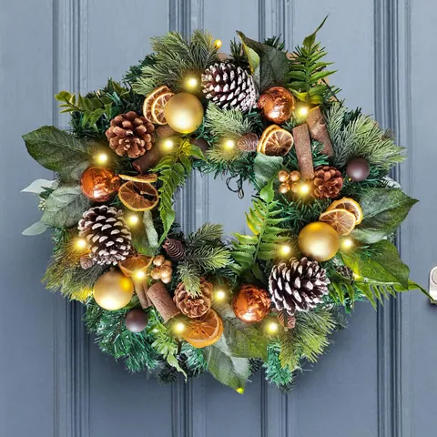 Artificial Christmas Wreath With LED Lights Pine Cones PE Greenery Decoration Front Door Wall Hanging Holiday Party Home