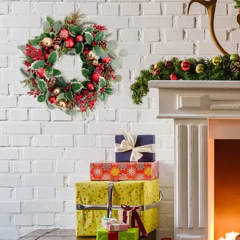 Artificial Christmas Wreath With Red Berries Natural Pine Cones And Balls For Front Door Wall Decoration Festive Handmade Garland