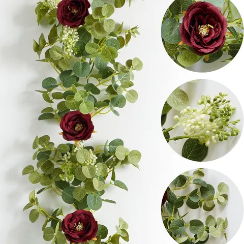 Guirnalda de Eucalipto y Rosas Artificiales Vintage Flores Burdeos Rojo Naranja Con Hojas de Satén para Boda Hogar Fiesta Navidad