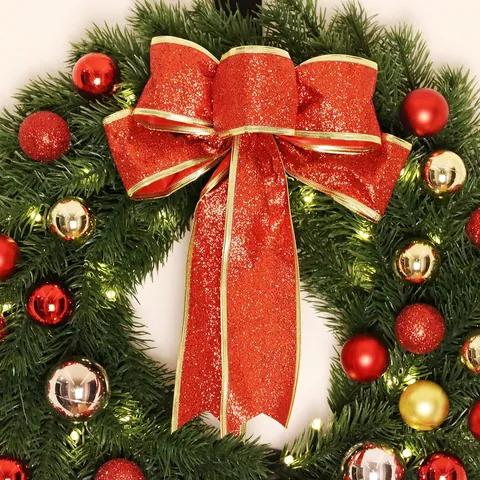Artificial Christmas Wreath With Warm LED Lights PE Pine Needles Ribbon Ornaments For Front Door Holiday Home Wall Decor
